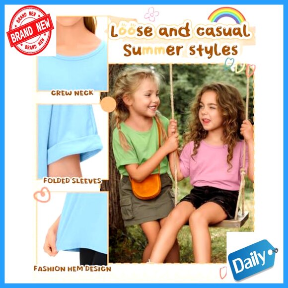 3 Pack Girls Oversized Tees Rolled Sleeve Loose Fit Summer Tops - Picture 5 of 7